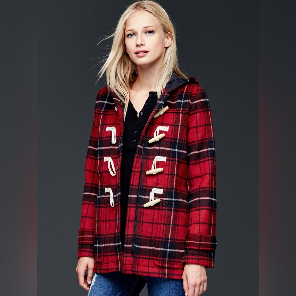 EUC🍁 GAP Red Plaid Wool Toggle Coat with Hood-Size Medium